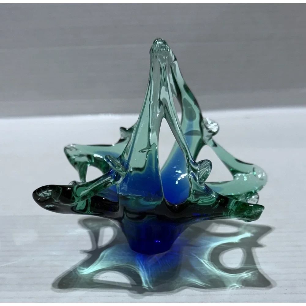 Vintage Murano Style MCM Blue‎ Green Art Glass Basket - Size 4.5 x 4.5 x 4